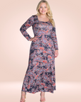 Long Sleeve Black Paisley A Line Plus Size Maxi Dress