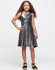 24sevenkid Girls Black Shimmery Metallic Sleeveless A Line Dress