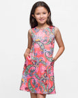 24sevenkid Girls Knee Length Sleeveless A Line Pink Paisley Pocket Dress