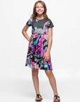 24sevenkid Girls Black and Pink Paisley Fit and Flare Knee Length Dress