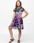 24sevenkid Girls Black and Pink Paisley Fit and Flare Knee Length Dress