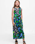 24sevenkid Girls Blue Butterfly Print Sleeveless Maxi Dress with Pockets