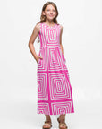 24sevenkid Girls Pink Geometric Print Sleeveless Pocket Maxi Dress