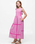 24sevenkid Girls Pink Geometric Print Sleeveless Pocket Maxi Dress