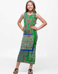 24sevenkid Girls Green Scarf Print Side Slit Maxi Dress