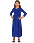 24seven Comfort Apparel Girls Three Quarter Sleeve Pleated Maxi Dress Machine Washable