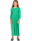 24seven Comfort Apparel Girls Three Quarter Sleeve Pleated Maxi Dress Machine Washable