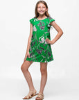 24sevenkid Girls Green Floral Print Cap Sleeve Babydoll Dress