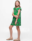 24sevenkid Girls Green Floral Print Cap Sleeve Babydoll Dress