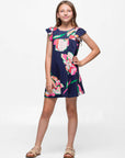 24sevenkid Girls Navy Blue Floral Print Cap Sleeve Babydoll Dress