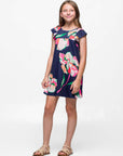 24sevenkid Girls Navy Blue Floral Print Cap Sleeve Babydoll Dress