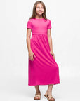 24seven Comfort Apparel Girls Short Sleeve Pleated Midi Dress