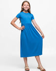 24seven Comfort Apparel Girls Short Sleeve Pleated Midi Dress