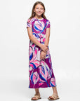 24sevenkid Girls Purple Floral Print Short Sleeve Maxi Dress