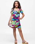 24sevenkid Girls Multicolor Print Cold Shoulder A Line Dress