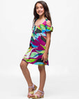 24sevenkid Girls Multicolor Print Cold Shoulder A Line Dress