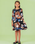 24seven Comfort Apparel Girls Long Sleeve Black Floral Knee Length Pocket Dress