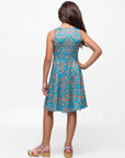 24sevenkid Girls Sky Blue and Orange Print Fit and Flare Dress