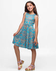 24sevenkid Girls Sky Blue and Orange Print Fit and Flare Dress
