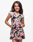 24seven Comfort Apparel Knee Length Girls Black Floral Pocket Dress