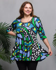 24seven Comfort Apparel Plus Size Blue Butterfly Print Elbow Sleeve Casual Tunic Top