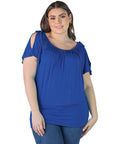 Plus Size Womens Solid Color Short Sleeve Split Shoulder Top