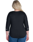 Three Quarter Sleeve Boatneck Cold Shoulder Plus Size Top with Grommet Detail