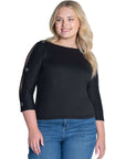 Three Quarter Sleeve Boatneck Cold Shoulder Plus Size Top with Grommet Detail