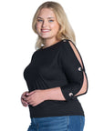 Three Quarter Sleeve Boatneck Cold Shoulder Plus Size Top with Grommet Detail