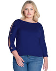 Three Quarter Sleeve Boatneck Cold Shoulder Plus Size Top with Grommet Detail