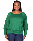 Plus Size Round Neck Long Blouson Sleeve Banded Bottom Top