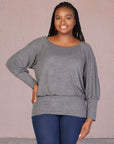 Plus Size Round Neck Long Blouson Sleeve Banded Bottom Top