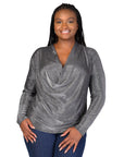 Plus Size Cowl Neck Long Sleeve Shimmery Fabric Top