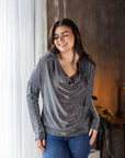 Plus Size Cowl Neck Long Sleeve Shimmery Fabric Top
