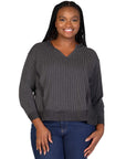 Plus Size Relaxed Fit Ribbed Knit V Neck Sweatshirt Top