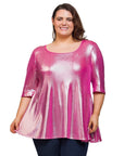 24seven Comfort Apparel Plus Size Pink Metallic Scoop Neck Flared Tunic Top
