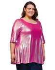 24seven Comfort Apparel Plus Size Pink Metallic Scoop Neck Flared Tunic Top