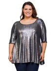 24seven Comfort Apparel Plus Size Pink Metallic Scoop Neck Flared Tunic Top
