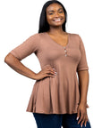 Elbow Sleeve Henley Plus Size Tunic Top