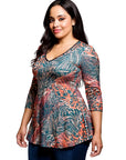 24seven Comfort Apparel Plus Size Animal Print V Neck Three Quarter Sleeve Tunic Top