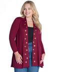 Long Sleeve Mid Thigh Open Front Plus Size Cardigan with Grommet Details