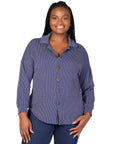 Plus Size Ribbed Button Up Long Sleeve Collared Shirt Jacket