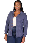 Plus Size Ribbed Button Up Long Sleeve Collared Shirt Jacket