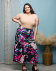 24seven Comfort Apparel Plus Size Black and Pink Paisley Elastic Waist A Line Maxi Skirt