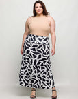 24seven Comfort Apparel Plus Size Black and White Print Elastic Waist A Line Maxi Skirt