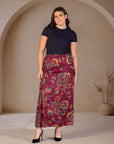 Plus Size Wine Print Elastic Waist A Line Maxi Skirt