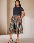 Plus Size Green Print Elastic Waist Pocket Midi Skirt