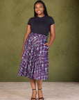 Plus Size Purple Print Elastic Waist Pocket Midi Skirt