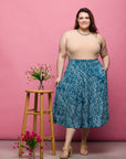 24seven Comfort Apparel Plus Size Teal Geometric Print Elastic Waist Pocket Midi Skirt