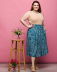 24seven Comfort Apparel Plus Size Teal Geometric Print Elastic Waist Pocket Midi Skirt